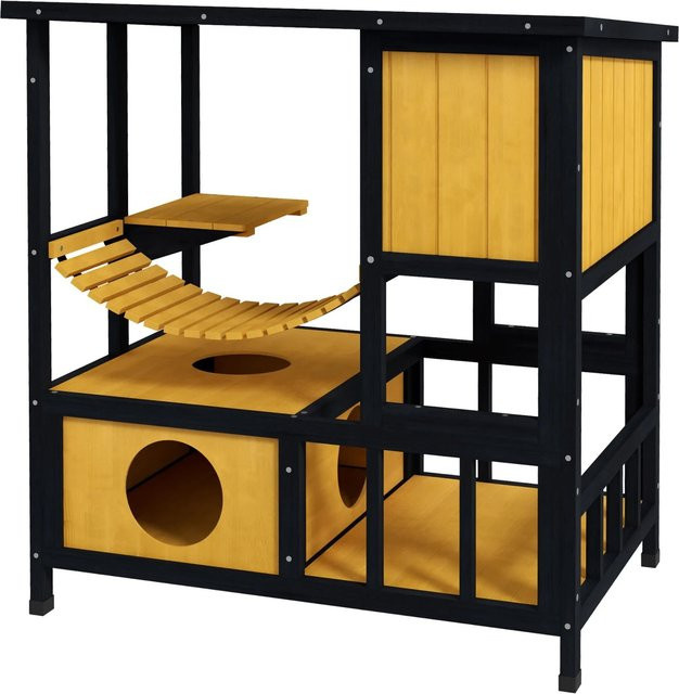 PawHut Outdoor-Katzenhaus aus Kiefernholz und Tannenholz, wetterfest mit erhöhtem Boden, Gelb-Schwarz, B: 60 cm, T: 84,5 cm, H: 88 cm - Bild 1