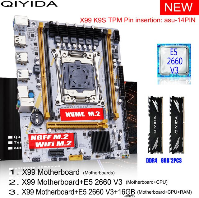 QIYIDA X99 Motherboard Set mit Intel Xeon E5 2660 V3 CPU, 16 GB DDR4 3200 MHz RAM und M.2 NVMe Support, M-ATX Micro-ATX Desktop-Kit - Bild 1