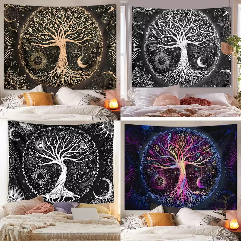 VIKAMA Baum des Lebens Wandteppich mit Galaxie, Sonne, Mond und Sternenhimmel in Multicolour im Bohemian-Stil - Bild 2