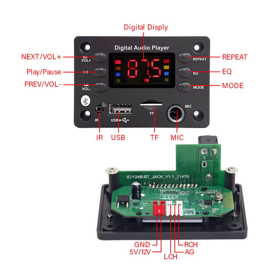 Kebidu Bluetooth 5.0 MP3 WMA Decoder Board mit USB, TF, FM Radio und Mikrofon, Schwarz - Bild 5