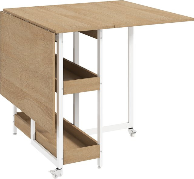 HOMCOM Klappbarer Esstisch mit Rollen und 2 Ablagen in Holzoptik Natur, B/T/H: 133,4 x 80 x 75 cm - Bild 1
