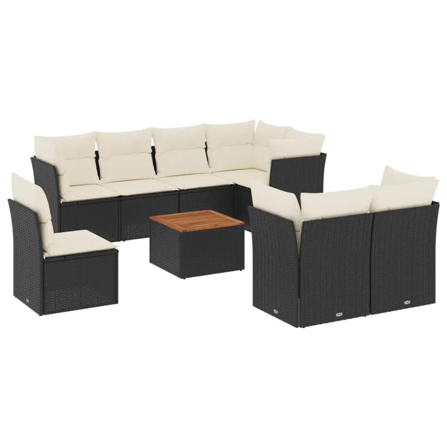vidaXL 9-teilige Garten-Sofagarnitur aus Poly-Rattan und Akazienholz in Schwarz mit Kissen und Gartentisch - Bild 2