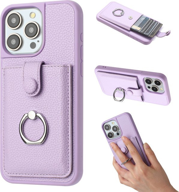 Aierkeba Leder Handyhülle mit Brieftaschenfunktion und Ringhalterung für iPhone 16 17 15 14 13 12 11 Pro Max Plus in Rot und Lila - Bild 1