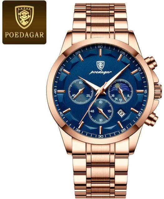 POEDAGAR Chronograph, Edelstahl, Roségold, Blau, Quarz, Herren - Bild 1