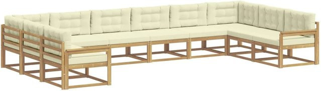 vidaXL Outdoor-Sofagarnitur in L-Form aus massivem Akazienholz mit Kissen, 10-teiliges Set, Weiß und Beige - Bild 1