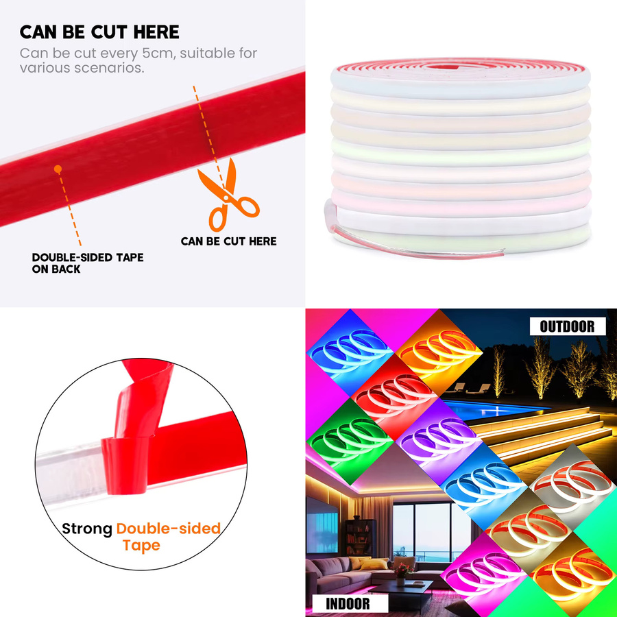 HEGEHE COB Neon LED-Streifen IP68 Wasserdicht für Garten und Outdoor, Flexibles Silikon Band mit 320 LEDs/m, Farben: Gelb, Rot, Weiß, Blau, Grün, Multicolour - Bild 6