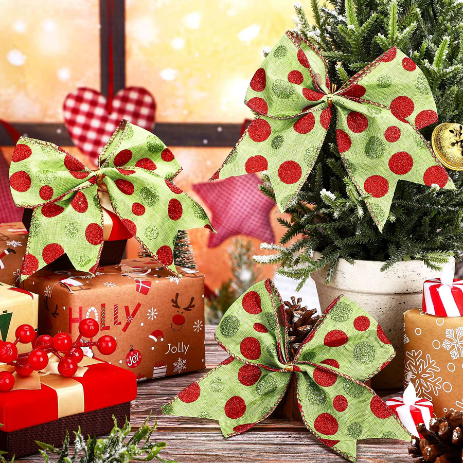 8er Set Weihnachtsdekoration mit Polka Dot Schleifen in Rot und Grün für Baum, Geschenkboxen und Girlanden - Bild 3