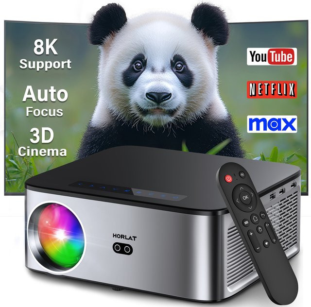 HORLAT LCD Beamer mit 35000 Lumen, Android, 8K Unterstützung, Native 1080P Full HD, Dual Band Wifi 6 und Autofokus, Farbe: Silber - Bild 1