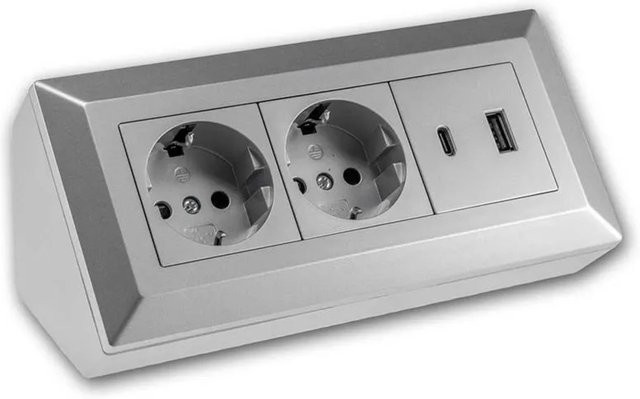 ChiliTec 2-Fach Steckdosenblock mit USB-A und USB-C in Silber - Bild 1