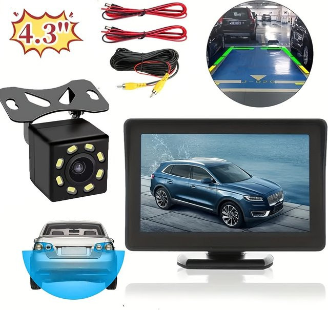 QueenDer Monitor und Weitwinkelkamera-Kit mit 4,3 Zoll in Schwarz für Auto, Pickup, SUV, Wohnmobil, LKW und Transporter - Bild 1