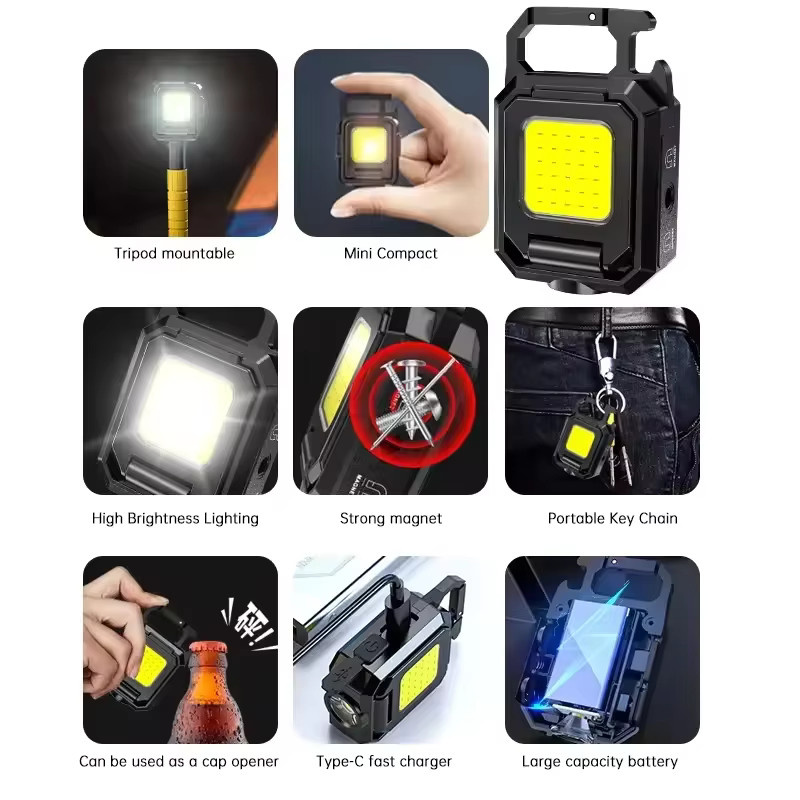 ESMARTER Mini Schlüsselanhänger Taschenlampe mit COB LED, USB wiederaufladbares Arbeitslicht in Schwarz mit 90 Grad faltbarem Seitenlicht - Bild 6