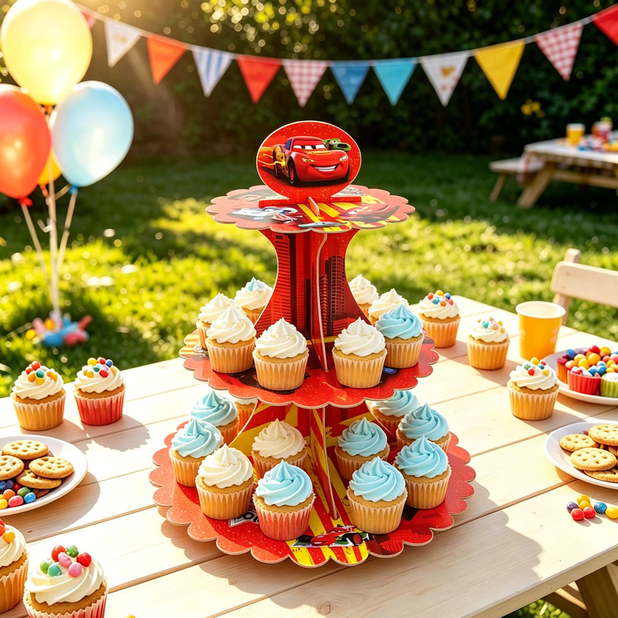 Disney Cartoon Rennwagen Cupcake-Ständer aus Papier, 3-stöckiger Dessert-Präsentationshalter in Rot für deine Geburtstagsparty - Bild 5