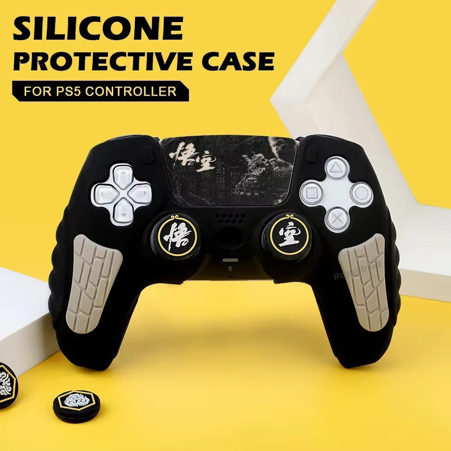 Ispoofer Silikon-Schutzhülle für PlayStation PS5-Gamepad-Controller in Schwarz mit Daumenstick-Griffkappen und Touchpad-Aufkleber - Bild 2
