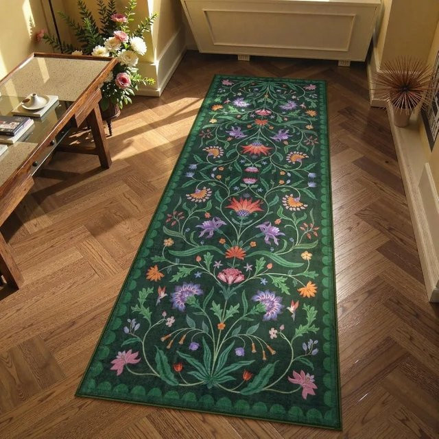 VIKAMA Böhmischer Floral Runner Teppich in Grün, Vintage europäischer Flurteppich, rutschfest, B/T: 120 x 40 cm - Bild 1