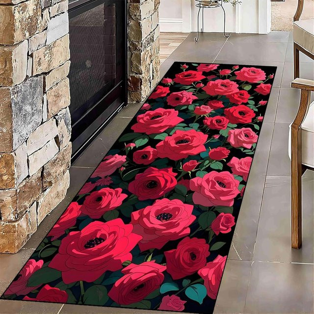 Lodestar Teppichläufer mit rotem Rosen-Herzmuster, rutschfeste Matte im Vintage-Stil für Wohnzimmer und Flur, B/T: 120 x 40 cm - Bild 1