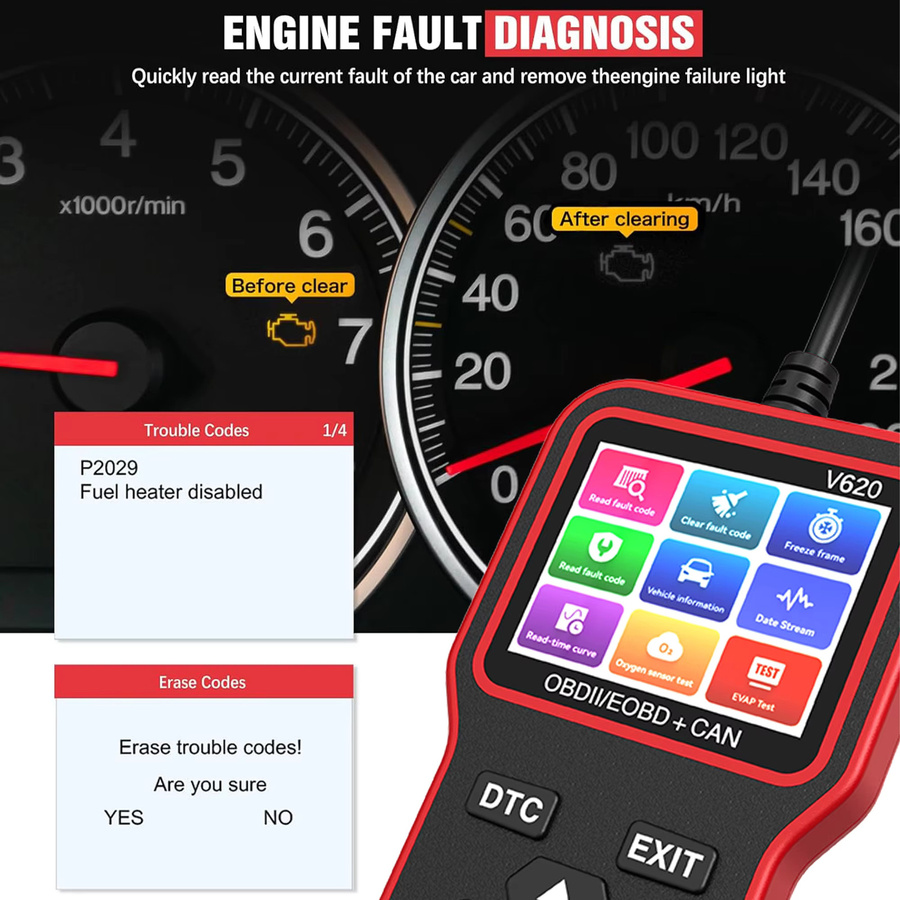 RUOGINSS OBD2-Scanner Diagnosetool in Rot mit Check Engine Light Code Reader, Reset-Funktion, Batterietester und Live-Daten-Anzeige - Bild 6