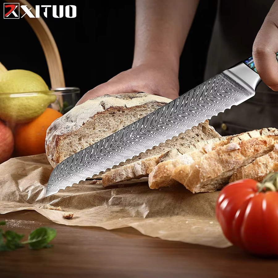Xituo Japanisches Brotmesser aus Damaststahl, gezahnt, Mehrfarbig, Länge: 20,3 cm - Bild 6