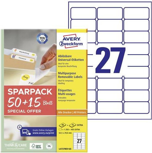 Avery Zweckform L4737REV-65 Universal-Etiketten Weiß, 65 Blatt, Wiederablösbar, Papier, 63,5 x 29,6 mm - Bild 1