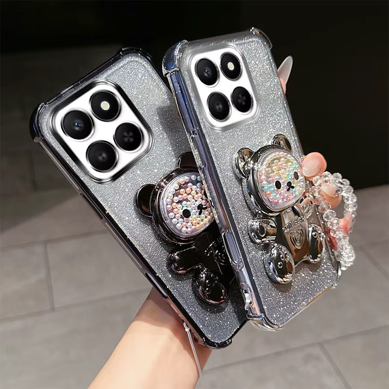 Stoßfeste Handyhülle für Honor X7d X7c 200 Smart mit 3D-Bär-Ständer und Kristallketten-Lanyard, transparent pink - Bild 3