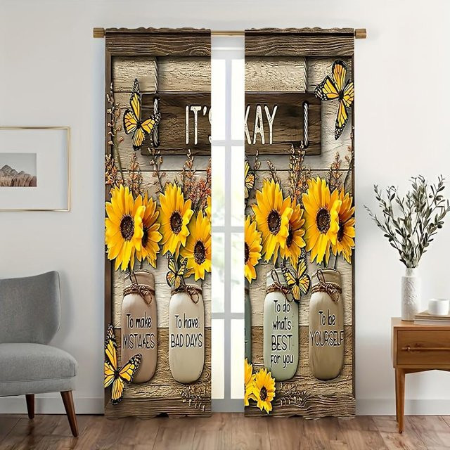 2er-Set Yiran Furniture Sonnenblumen Vorhänge mit 3D-Digitaldruck, gelb, halbtransparent, B: 100 cm, H: 130 cm - Bild 1