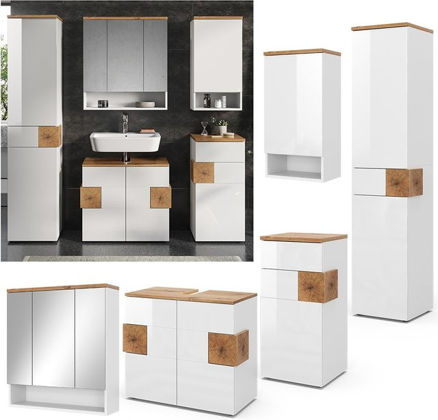 Vicco Badmöbel-Set Eden in Weiß und Artisan-Eiche, modernes 5-teiliges Badezimmer-Set mit Waschbeckenunterschrank, Spiegelschrank, Hängeschrank, Hochschrank und Midischrank - Bild 1