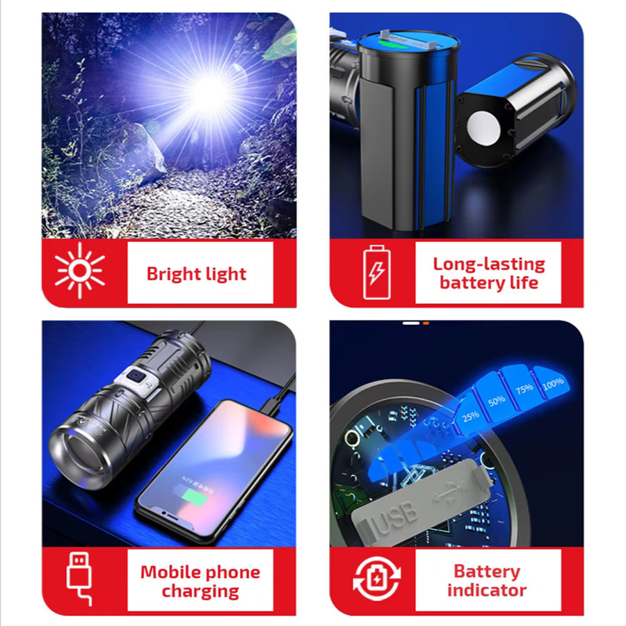 KENSUN Hochleistungs-LED-Taschenlampe aus Aluminium, USB wiederaufladbar, taktische Outdoor-Taschenlampe mit großer Reichweite - Bild 4