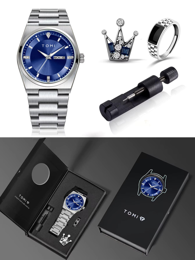 TOMI Armbanduhr Herren, Quarz, Edelstahl, Schwarz, Silber, BusinessSet - Bild 4