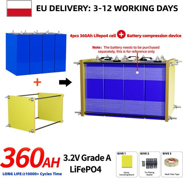PWOD LiFePO4 Batterie 3.2V 320Ah 360Ah mit Kompressionskit und Montagerahmen für DIY Heimenergiespeicher 12V 24V 48V Module - Bild 1