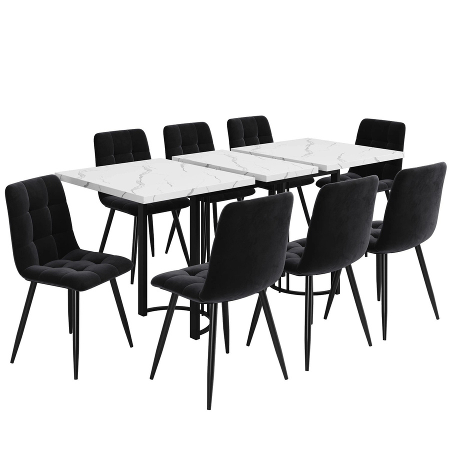 Merax Essgruppe 9-teilig in Schwarz und Weiß mit Samtstühlen, moderner Esstisch mit MDF-Platte und Metallgestell, B/T/H: 140 x 80 x 75,5 cm - Bild 2
