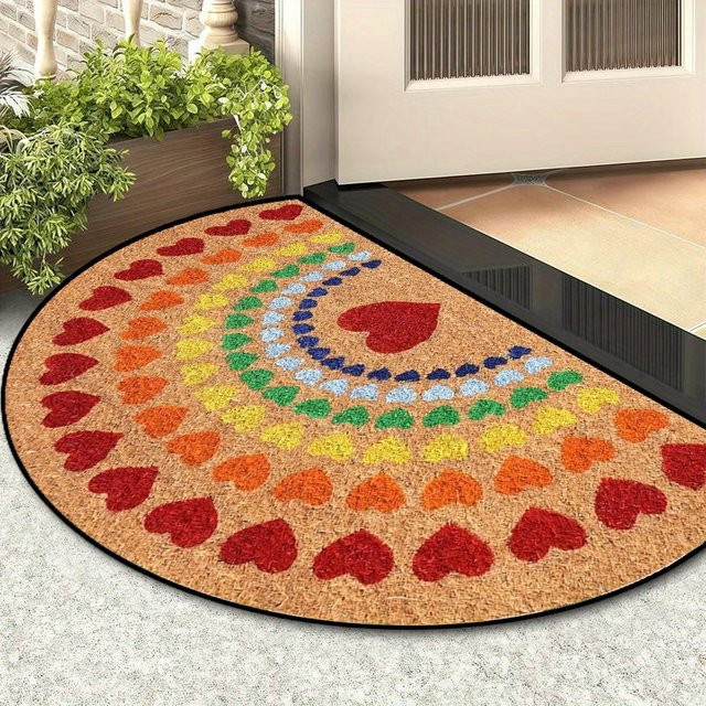 VIKAMA Halbrunde Fußmatte mit Herz-Regenbogen-Druck in Multicolour, dekorativer Kokos-Teppich für Flur, Badezimmer oder Terrasse - Bild 1