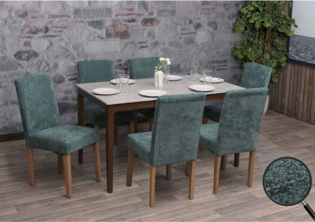 6er-Set Esszimmerstühle Littau von MCW aus grünem Chenille-Stoff mit Holzbeinen in Naturfarben - Bild 1