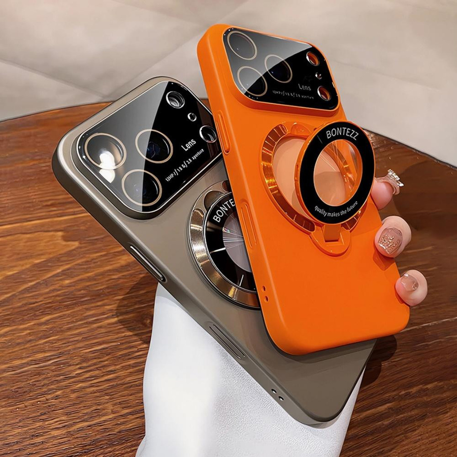 Magnetische 2-in-1 Klappständer Handyhülle für Apple iPhone 15 16 17 Pro Max Plus mit Linsenschutz und Fenster in Orange - Bild 2