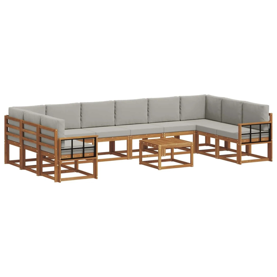 vidaXL Outdoor-Sofagarnitur aus Akazienholz in L-Form mit 11-teiligem Set, Farbe: Natur und Hellgrau - Bild 2