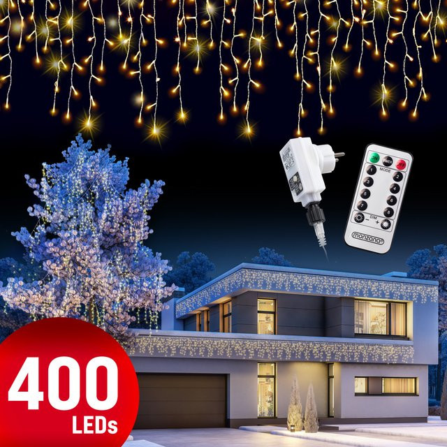 monzana LED Regenlichterkette Warmweiß mit Fernbedienung, 15m, IP44 für Innen- und Außenbereich - Bild 1