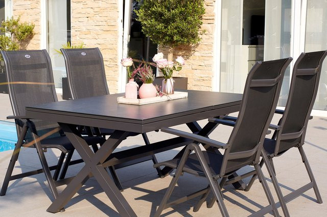 Hartman Xanadu Alice Garten-Essgruppe in Anthrazit und Schwarz aus Aluminium mit Glaskeramik und 4 Klappstühlen, ausziehbar, Tischmaße: Breite: 160 bis 220 cm, Tiefe: 100 cm - Bild 1