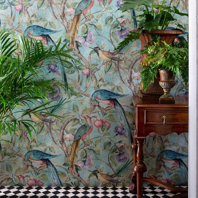 3D-Wandgemälde mit Blumen- und Vogelmotiv als dekorative Tapete im Landhausstil, Mehrfarbig - Bild 1