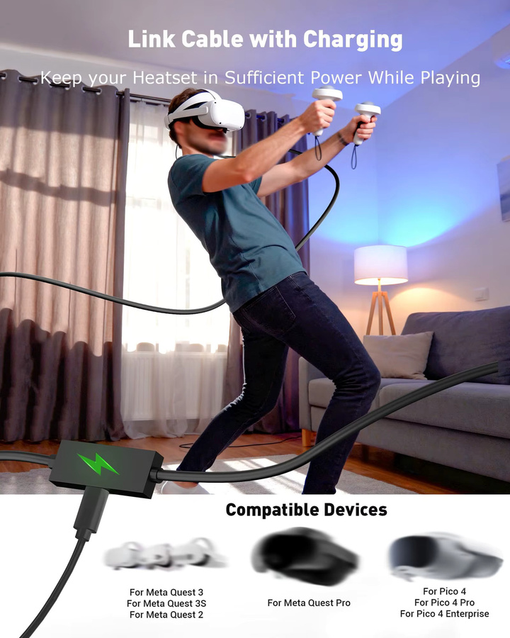 SZKOSTON USB-C Verbindungskabel mit Ladefunktion für Meta Quest 3, Meta Quest 3S, Quest 2 und Pico 4, USB 3.0 5Gbps Hochgeschwindigkeits-Modemkabel für PC und Steam VR, Schwarz, 4,88 m - Bild 2