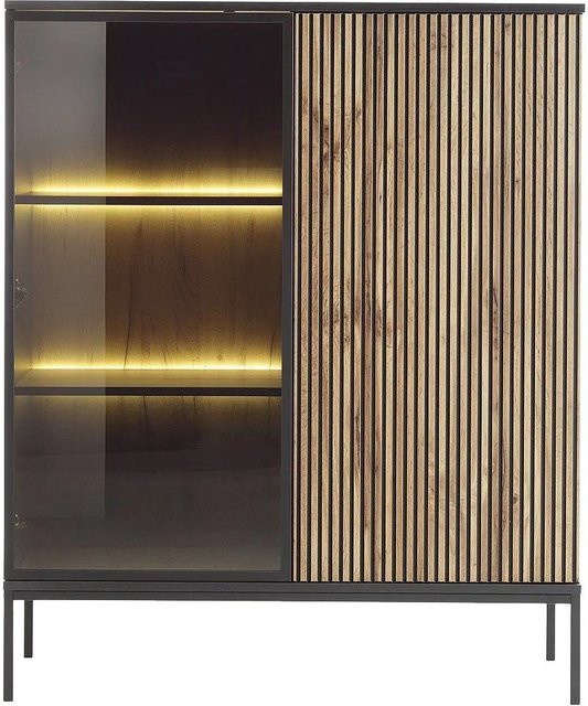 Vitrinenschrank Ovila Vente-unique in Schwarz und Naturfarben Hell mit Rauchglas, Glastüren und integrierter LED-Beleuchtung, Breite: 103,5 cm - Bild 1