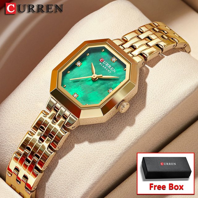 CURREN Armbanduhr Edelstahl, Eckig, Grün, Gold, Damen - Bild 1