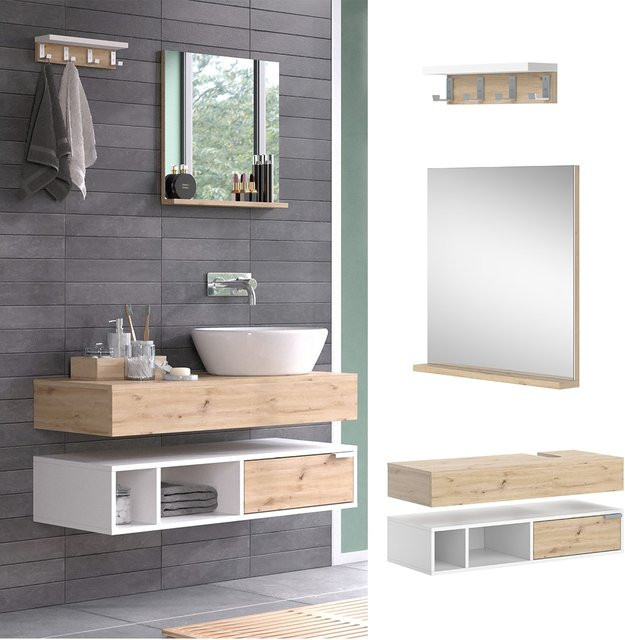 Vicco Badmöbel-Set Henri in Weiß und Artisan-Eiche, modernes 4-teiliges Badezimmer-Set mit Badspiegel, Wandregal und Waschtischkonsole - Bild 1