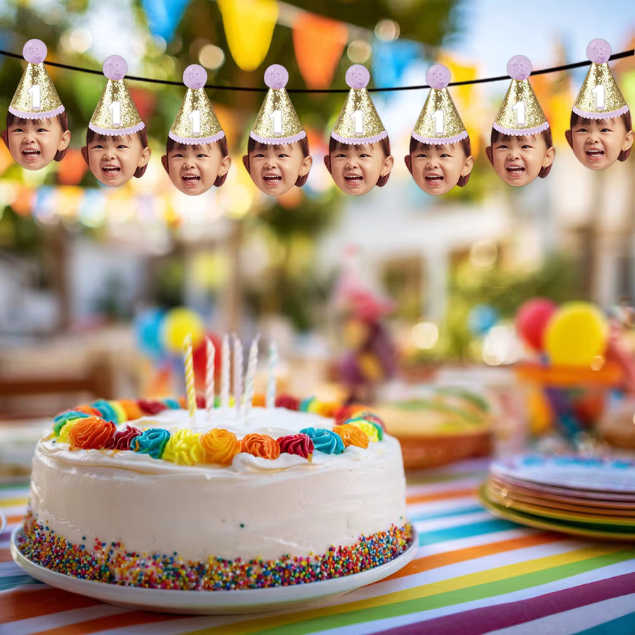 Joy-enlife Personalisierte Geburtstag Banner mit Foto-Motiv als Party-Dekoration für Kinder, Glitzer-Design in Rosa, Blau, Lila oder Gold - Bild 2