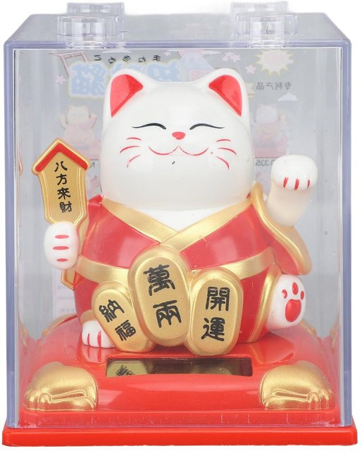 OutsideWorld Solar Winkende Katze als Glückskatzenstatue für das Armaturenbrett in Rot und Weiß - Bild 1