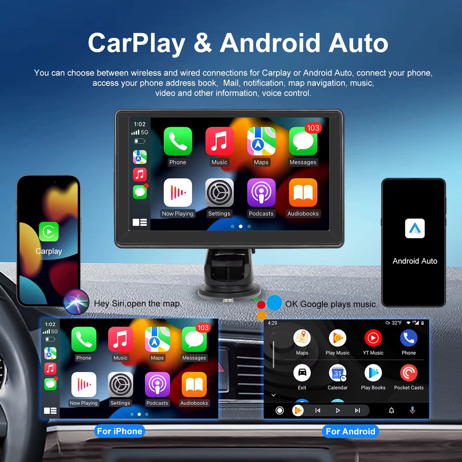 Podofo Carplay Autoradio mit Android Auto, Mirror Link und Airplay, Multimedia-Player mit Nachtsicht, EQ-Sound, FM und Bluetooth in Schwarz - Bild 2