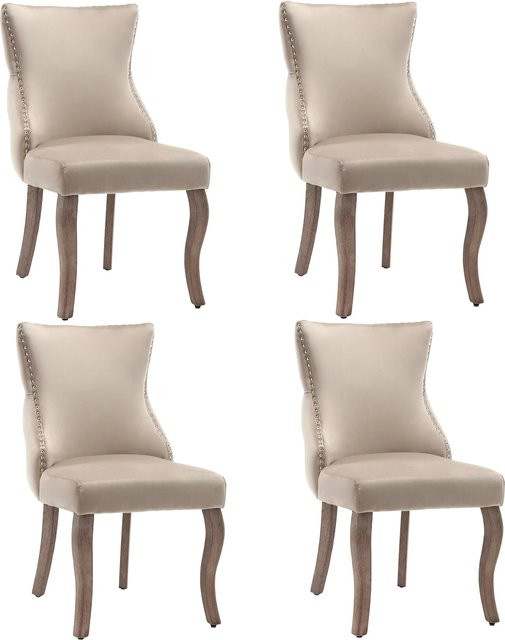 4er Set gepolsterte Esszimmerstühle aus Samt in Beige mit Knopfheftung und Holzbeinen, B/T/H: 50 x 52 x 91 cm - Bild 1