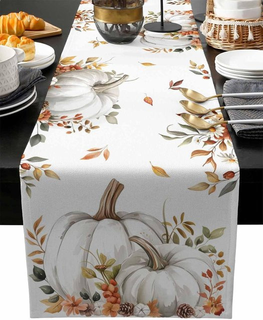 JINGYUE Pet Tischläufer aus Leinen mit Herbstkürbissen und Ahornblättern in Weiß, B/H: 150 x 33 cm - Bild 1