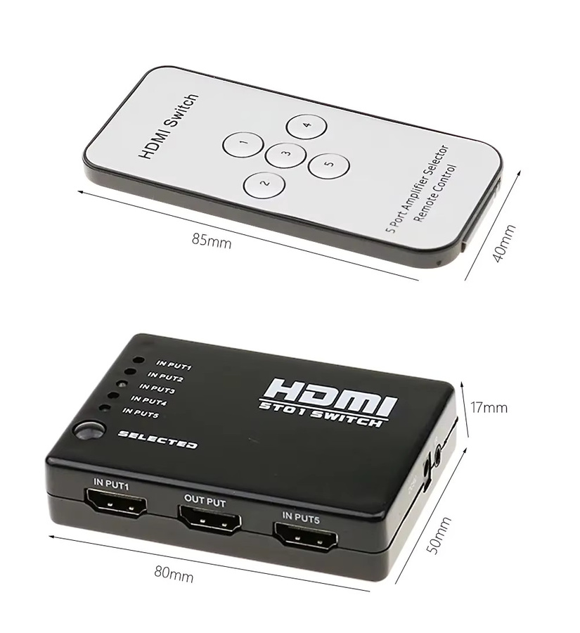Ninth World HDMI Switcher mit 5 Ports, 1080P Video Splitter inklusive IR Fernbedienung, Schwarz - Bild 2