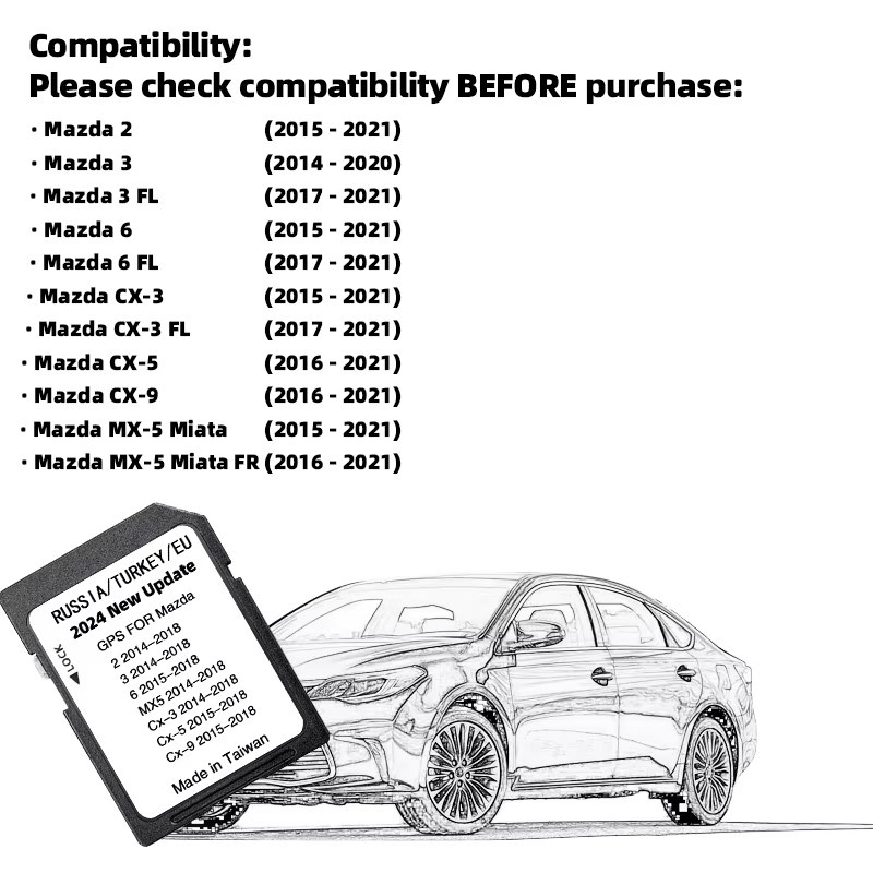 NAVINESA GPS SD-Karte mit 16 GB für Mazda 2/3/6/CX3/CX5/CX9/MX5 inklusive Navigationskarten für EU, Russland und Türkei (Modell 2024) - Bild 2