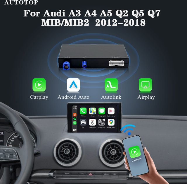 AUTOTOP Drahtlose CarPlay und Android Auto Konverter Box für Audi A3 8V Q2 2013-2018 MIB MIB2 mit MirrorLink, Rückfahrkamera, WIFI und GPS in Schwarz - Bild 1