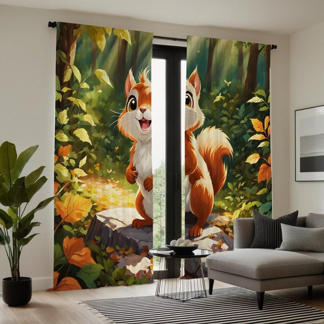2er-Set Eichhörnchen Vorhang mit Bindeband in Waldgrün und Beige, digital bedruckter Dekorschal für Wohnzimmer und Schlafzimmer, B: 132 cm, H: 160 cm - Bild 1