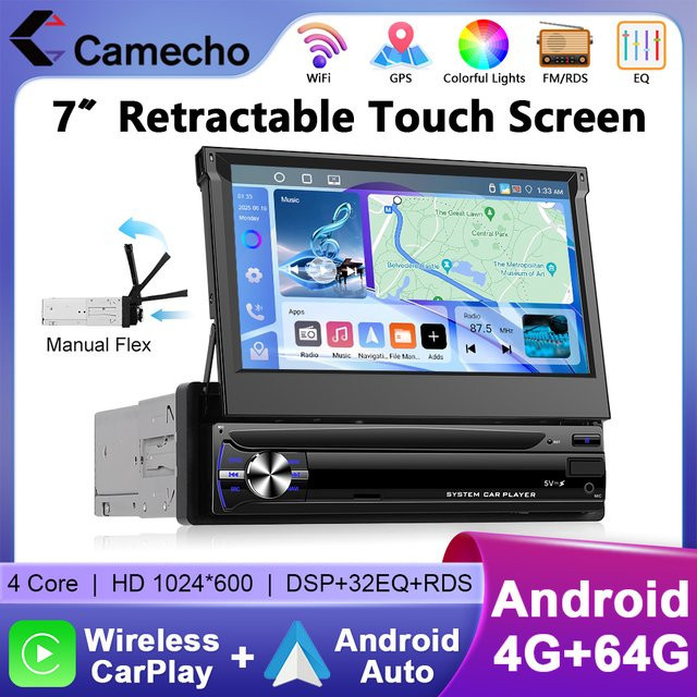 Camecho 1 DIN Autoradio mit 7 Zoll versenkbarem IPS Bildschirm, Android Auto, Carplay, GPS und Wifi, Schwarz, 4 GB RAM + 64 GB Speicher - Bild 1